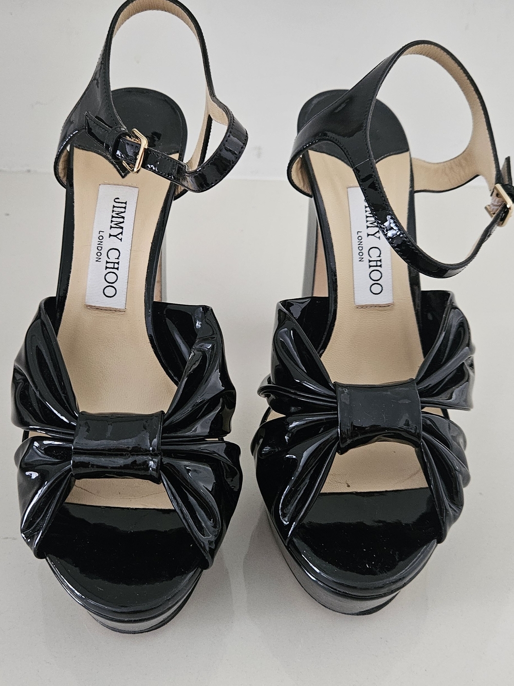 Jimmy Choo Black Patent Bow Platform Sandals Black Size 40